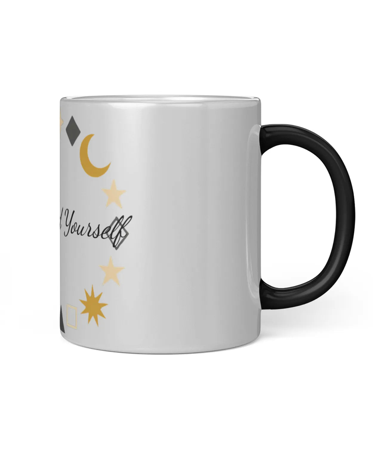 Mug with celestial designs and 'Be Yourself' text on a white background