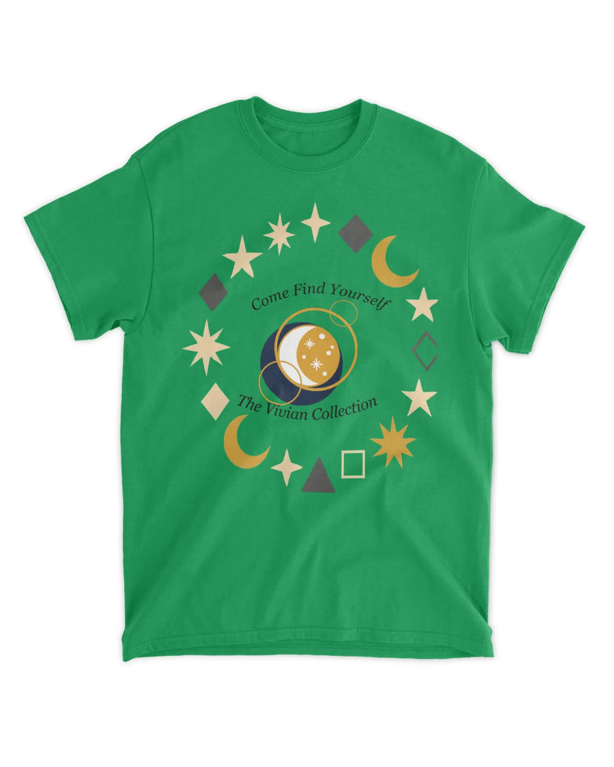 Green t-shirt with celestial design and text on a white background