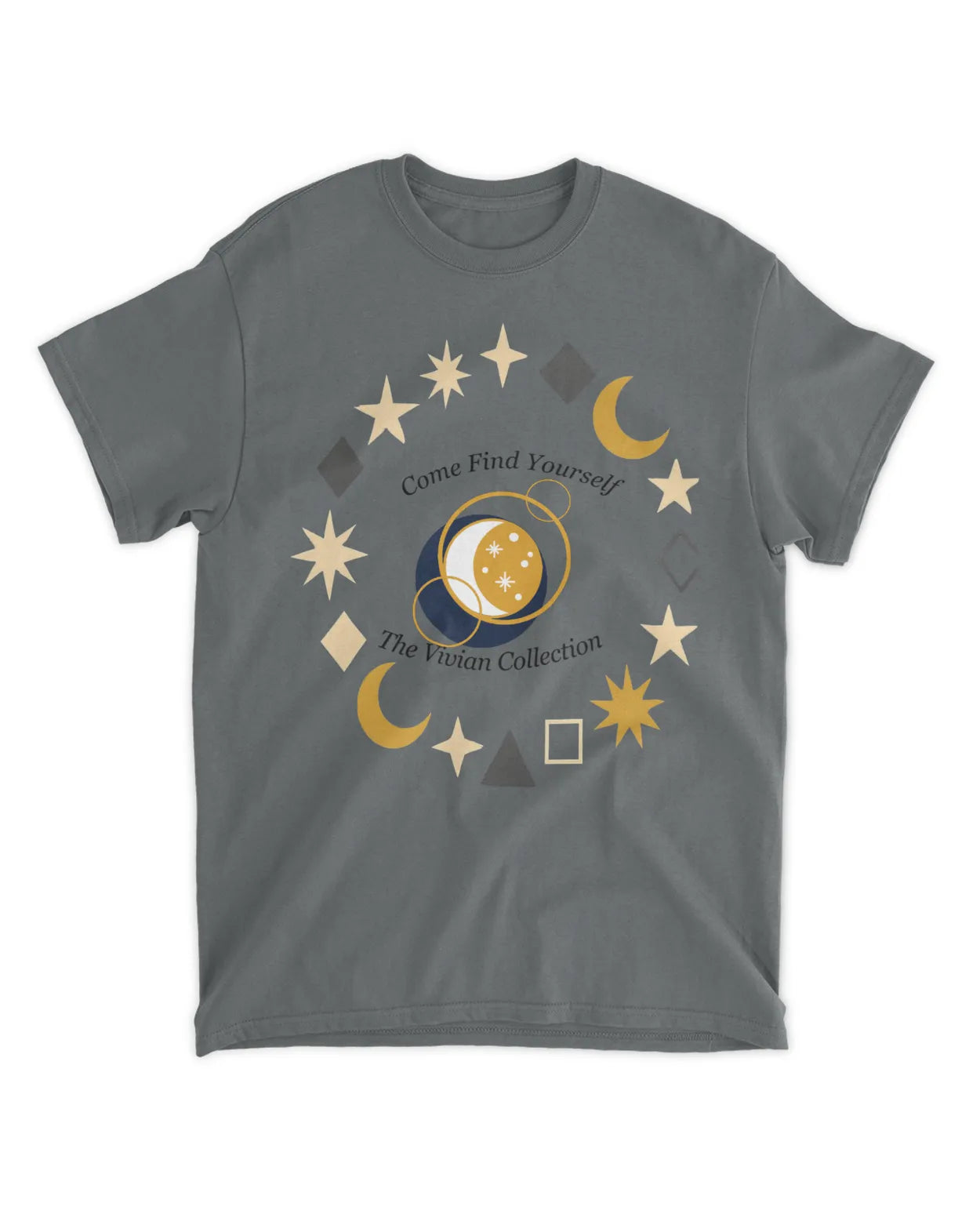 Gray t-shirt with celestial design and text on a white background