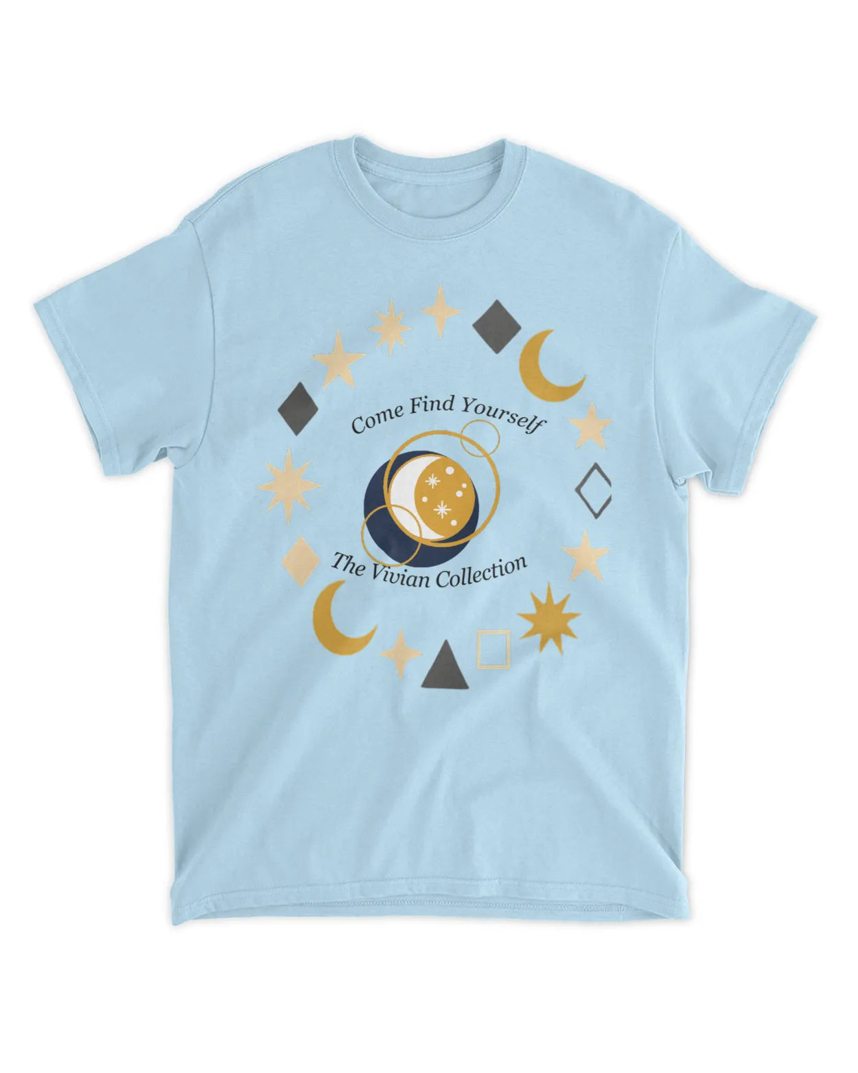 Light blue t-shirt with celestial design and text on a white background