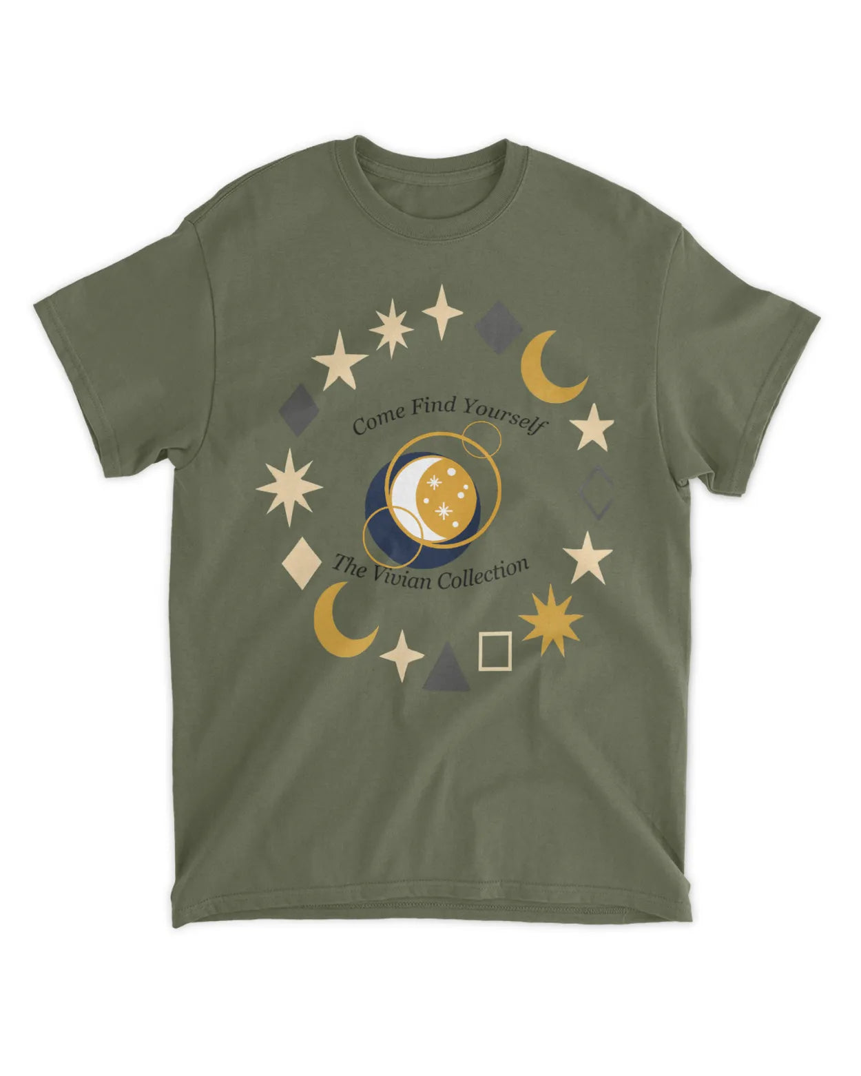 Green t-shirt with celestial design and text on a white background