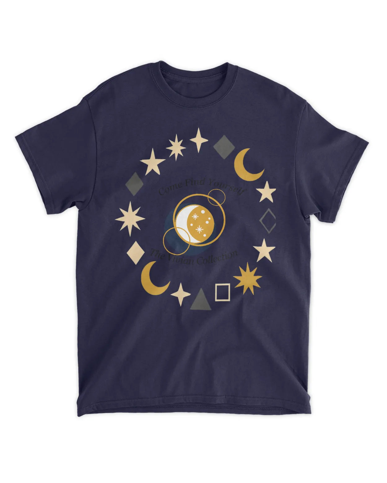 Navy blue t-shirt with celestial design featuring stars, moons, and geometric shapes on a white background.
