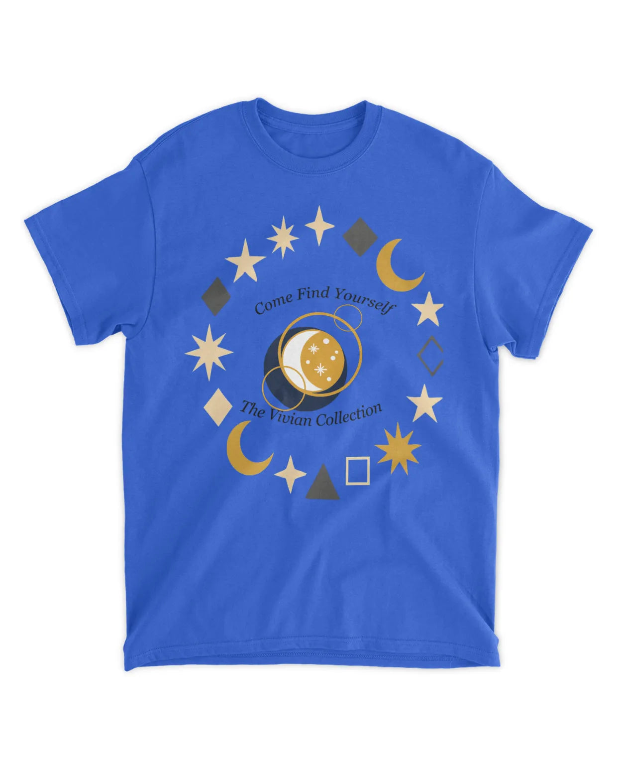 Blue t-shirt with celestial design and text on a white background