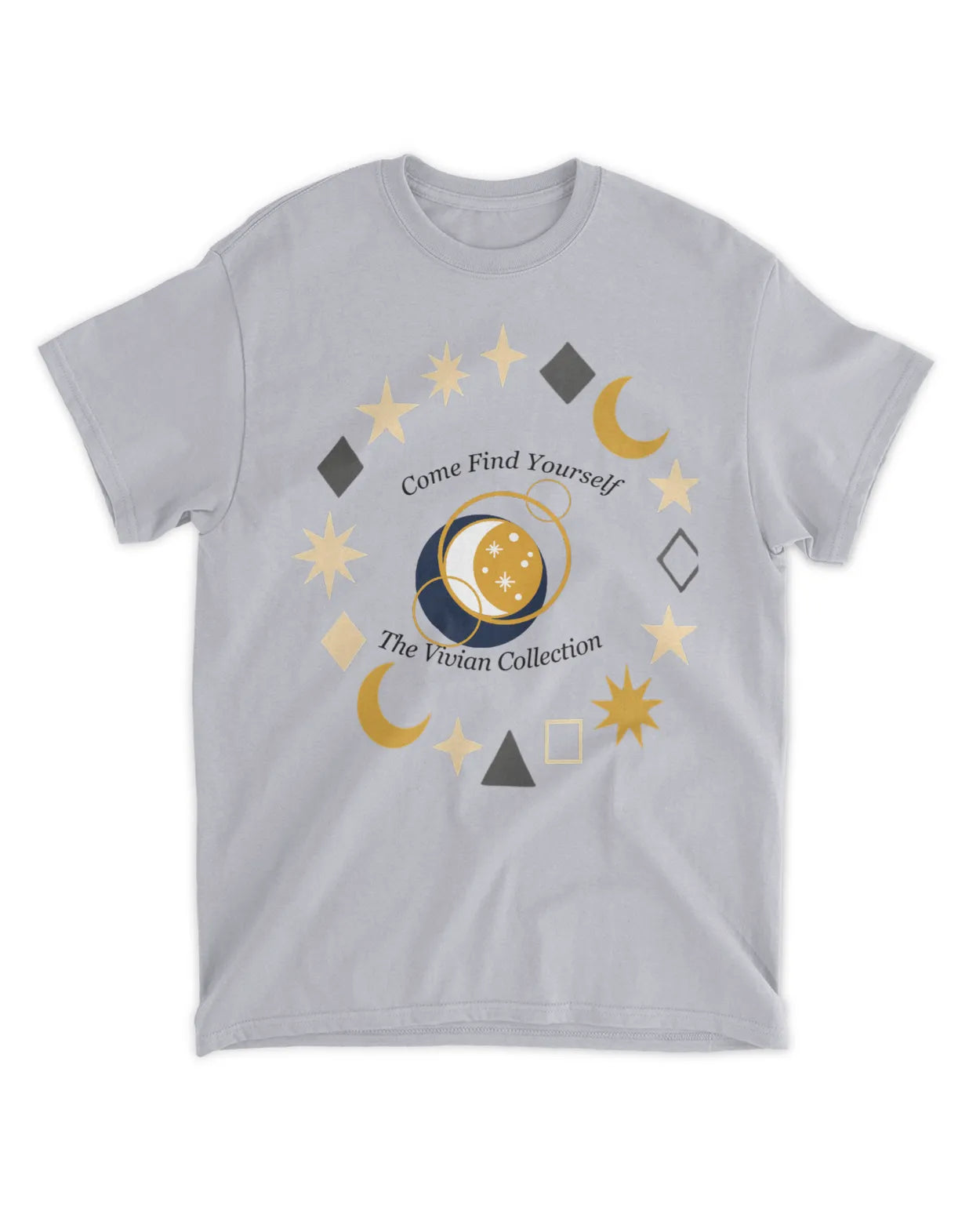 Gray t-shirt with celestial design and text on a white background