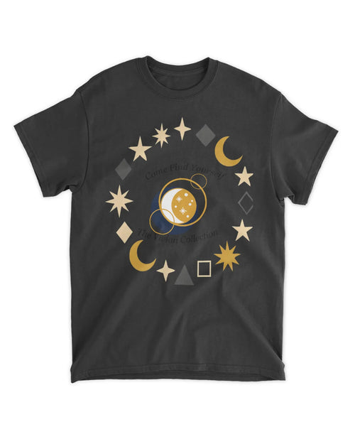 Black t-shirt with celestial design featuring stars, moons, and planets on a white background