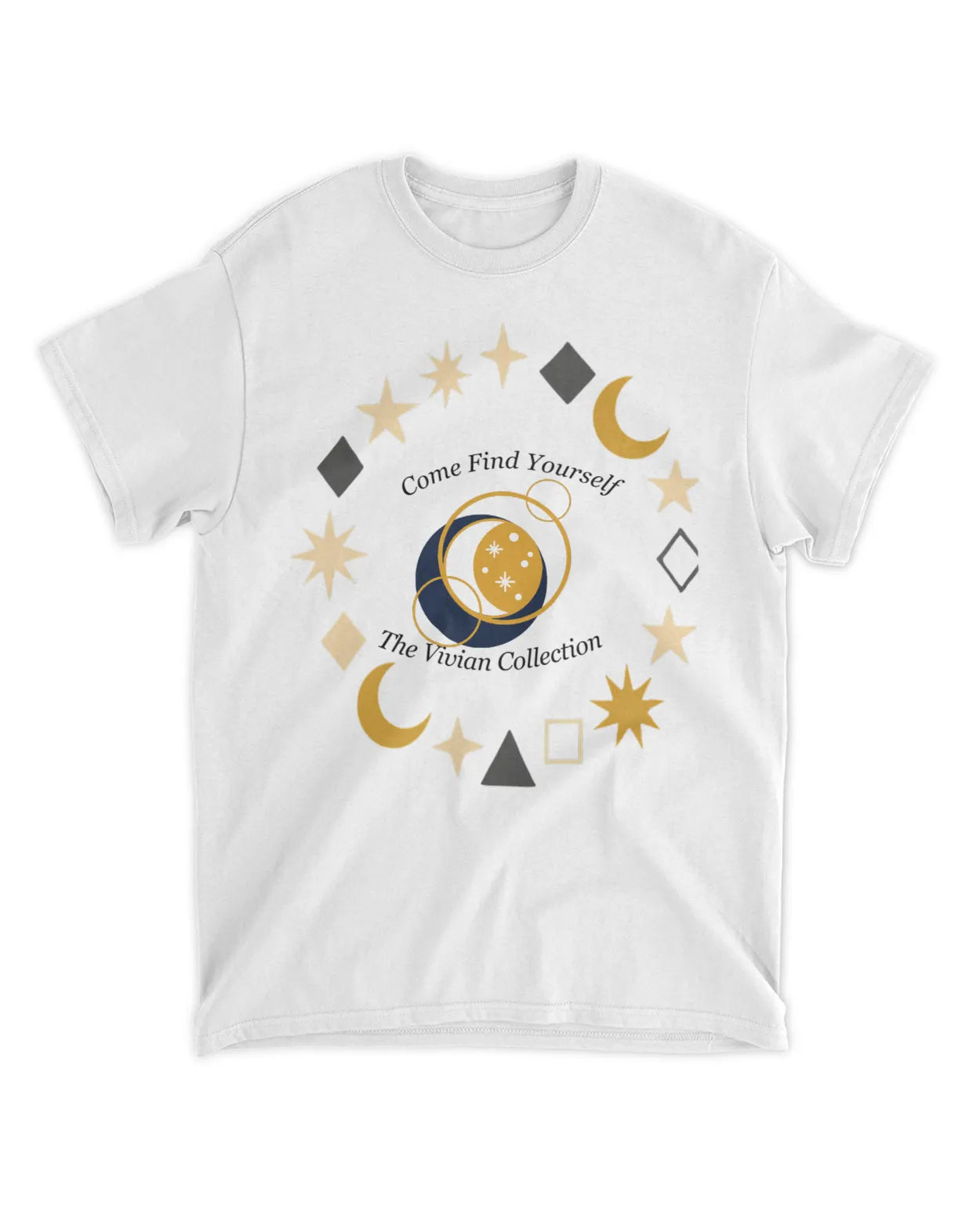 White t-shirt with celestial design and text on a white background