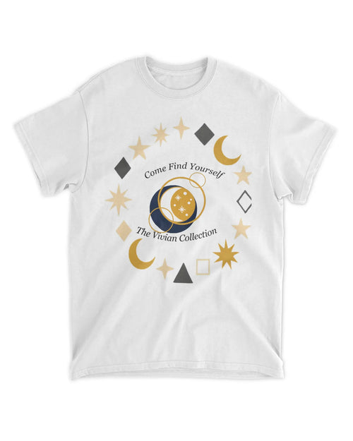 White t-shirt with celestial design and text on a white background