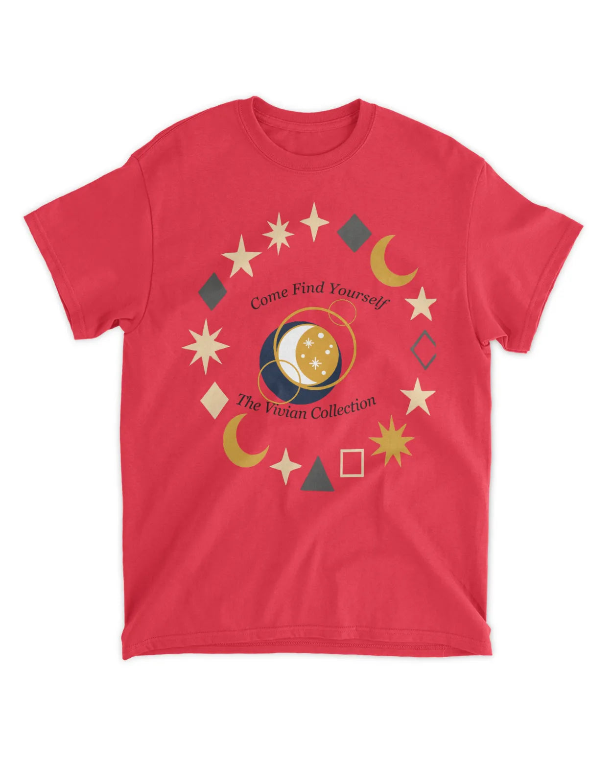 Red t-shirt with celestial design and text on a white background