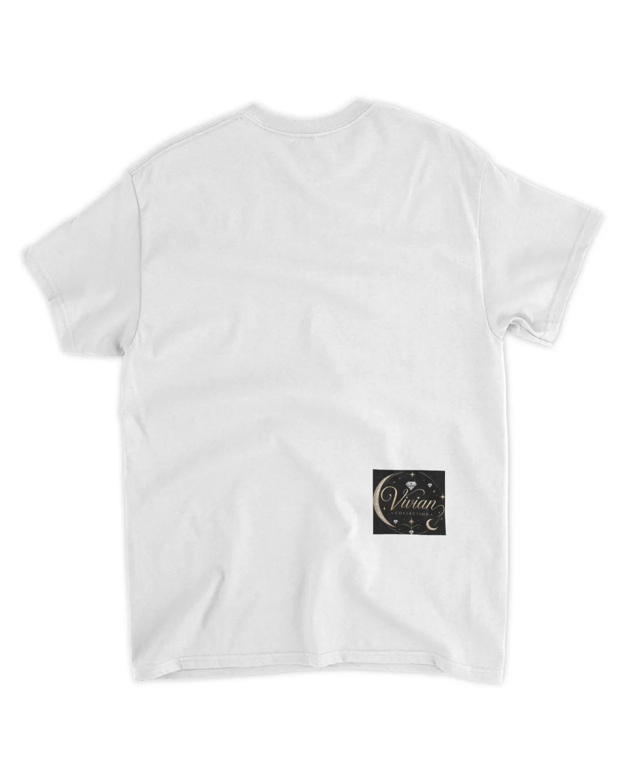 White t-shirt with a small black logo on the chest against a white background