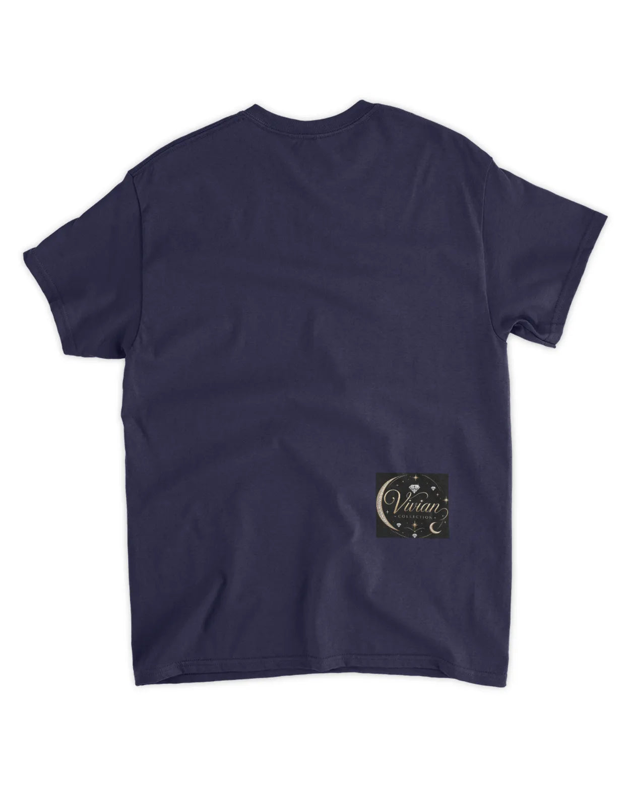 Navy blue t-shirt with a small logo against a white background