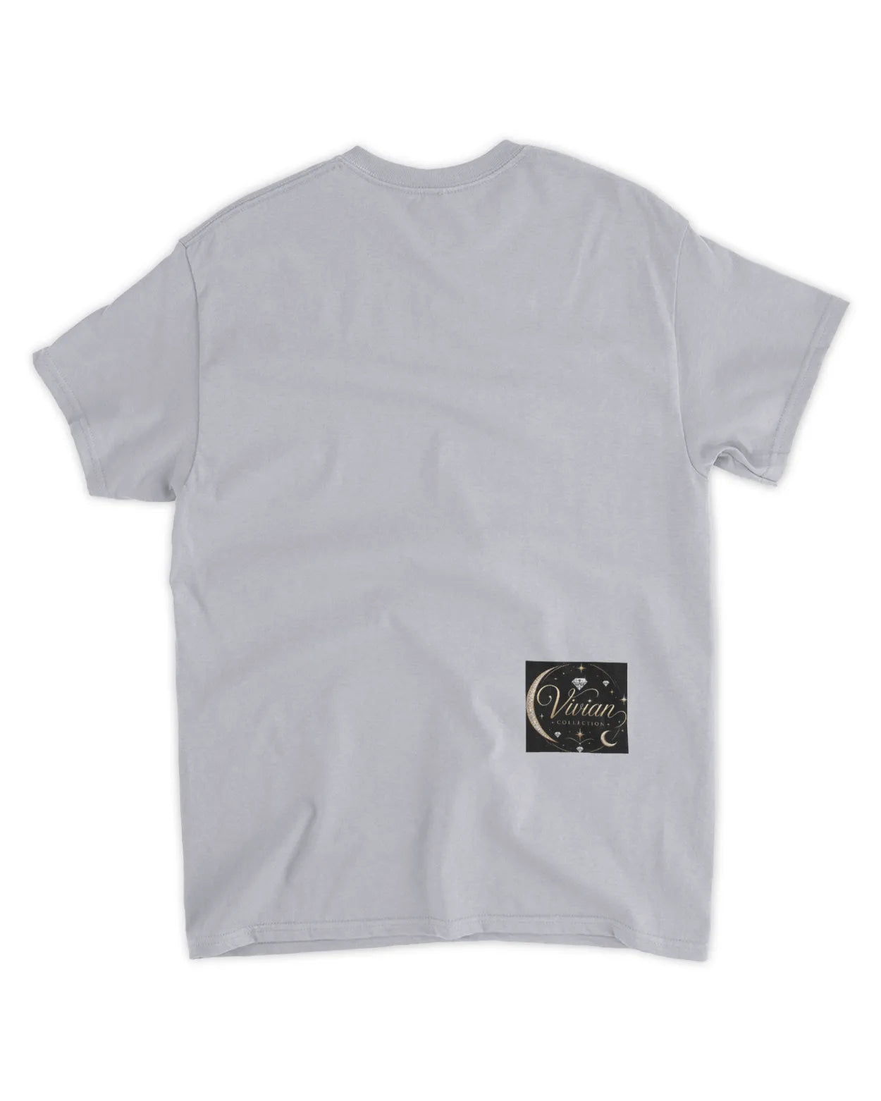 Gray t-shirt with a logo on the back against a white background