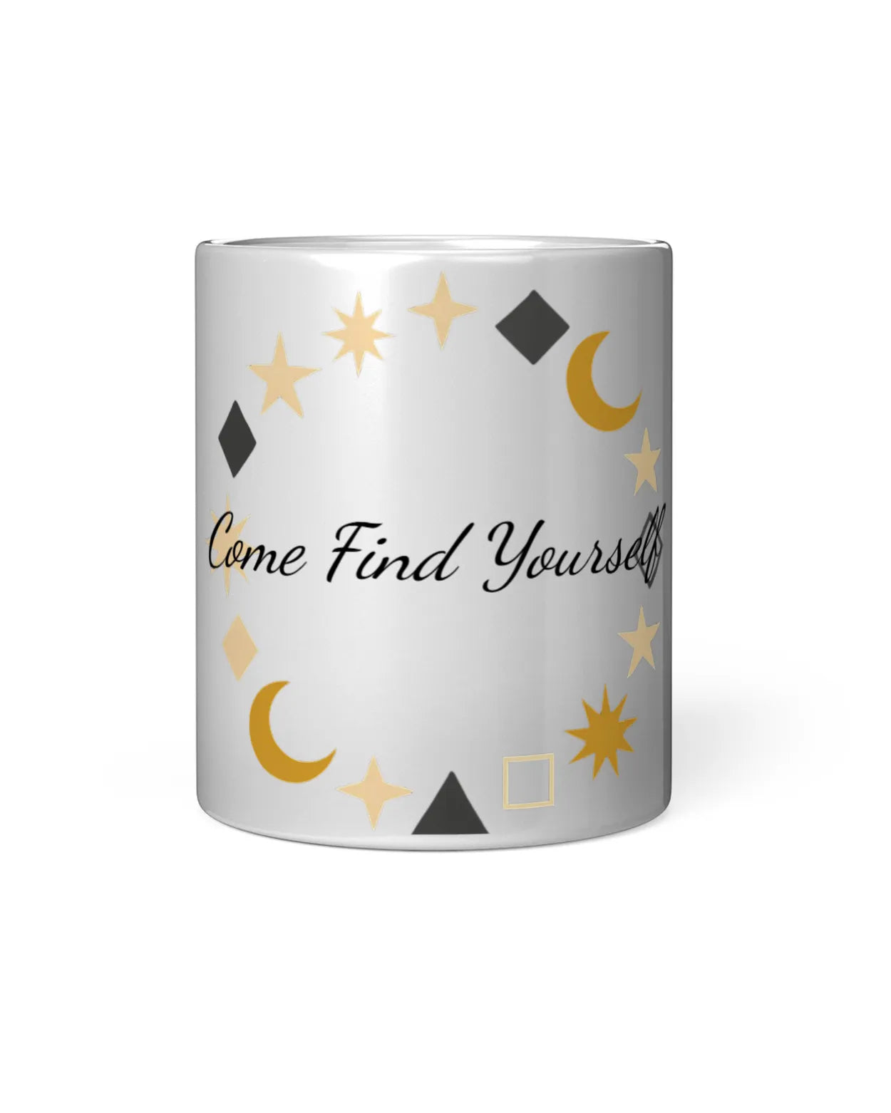 Mug with geometric shapes and 'Come Find Yourself' text on a white background