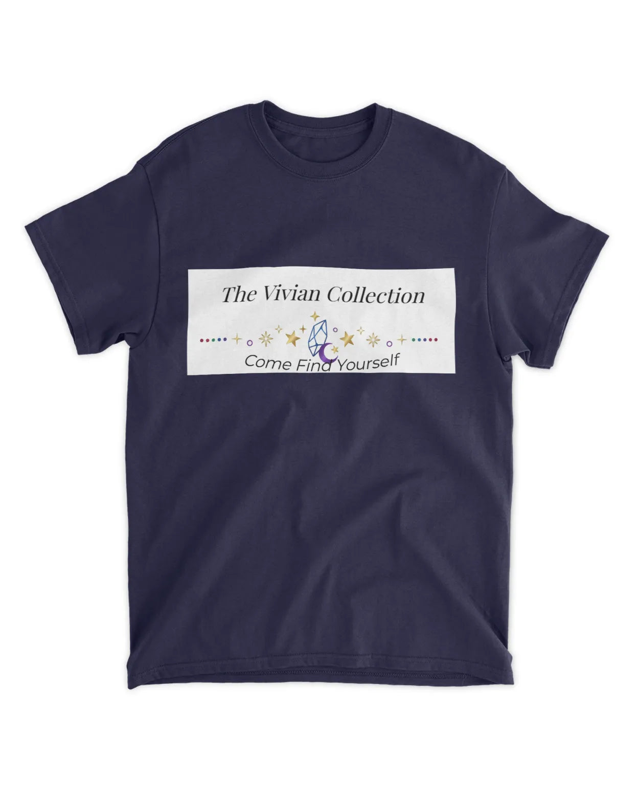 Navy blue t-shirt with 'The Vivian Collection' logo on a white background