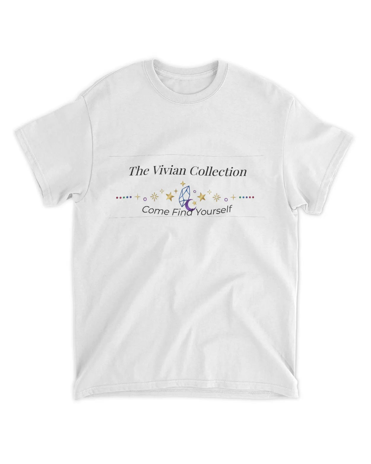 White t-shirt with 'The Vivian Collection' text and graphics on a white background