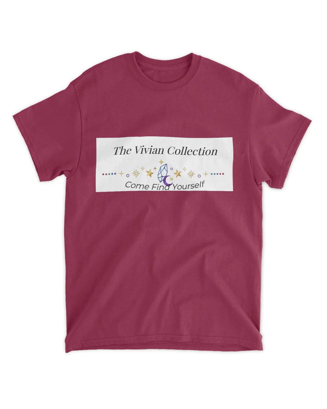 Maroon t-shirt with 'The Vivian Collection' logo on a white background