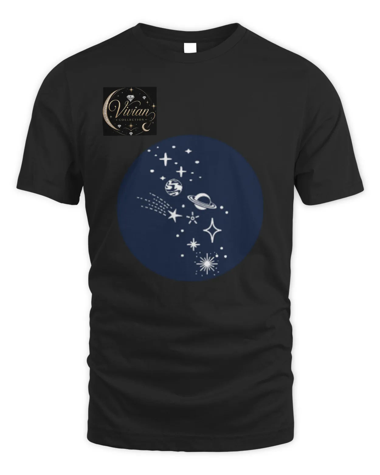Black t-shirt with a blue circular design featuring stars and celestial elements, with a small logo in the top left corner.