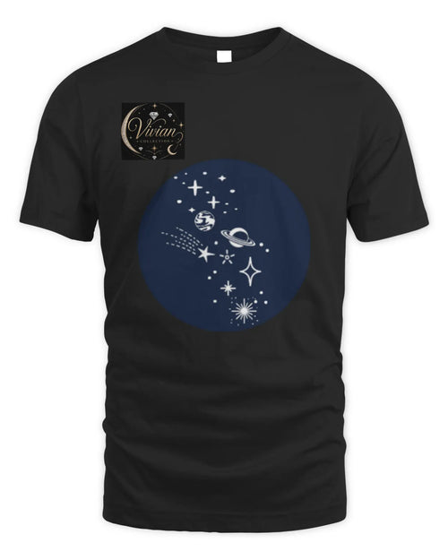 Black t-shirt with a blue circular design featuring stars and celestial elements, with a small logo in the top left corner.