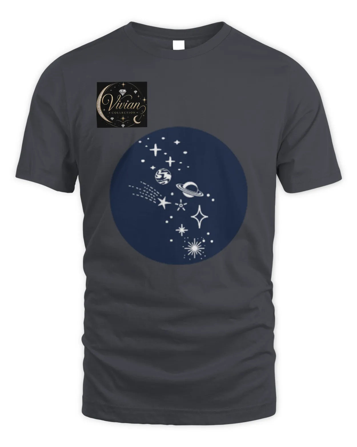Dark gray t-shirt with celestial design and small logo on a white background