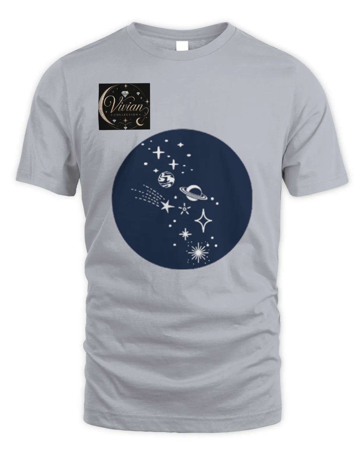 Gray t-shirt with a navy blue circular design featuring celestial elements on a white background.