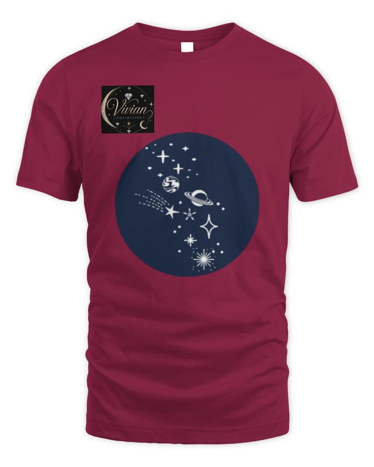 Maroon t-shirt with a navy blue celestial design on a white background
