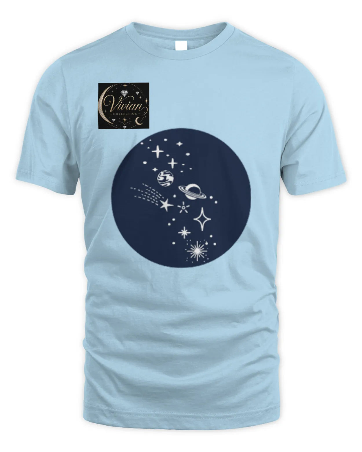 Light blue t-shirt with a dark blue celestial design and a small black square with text on a white background.