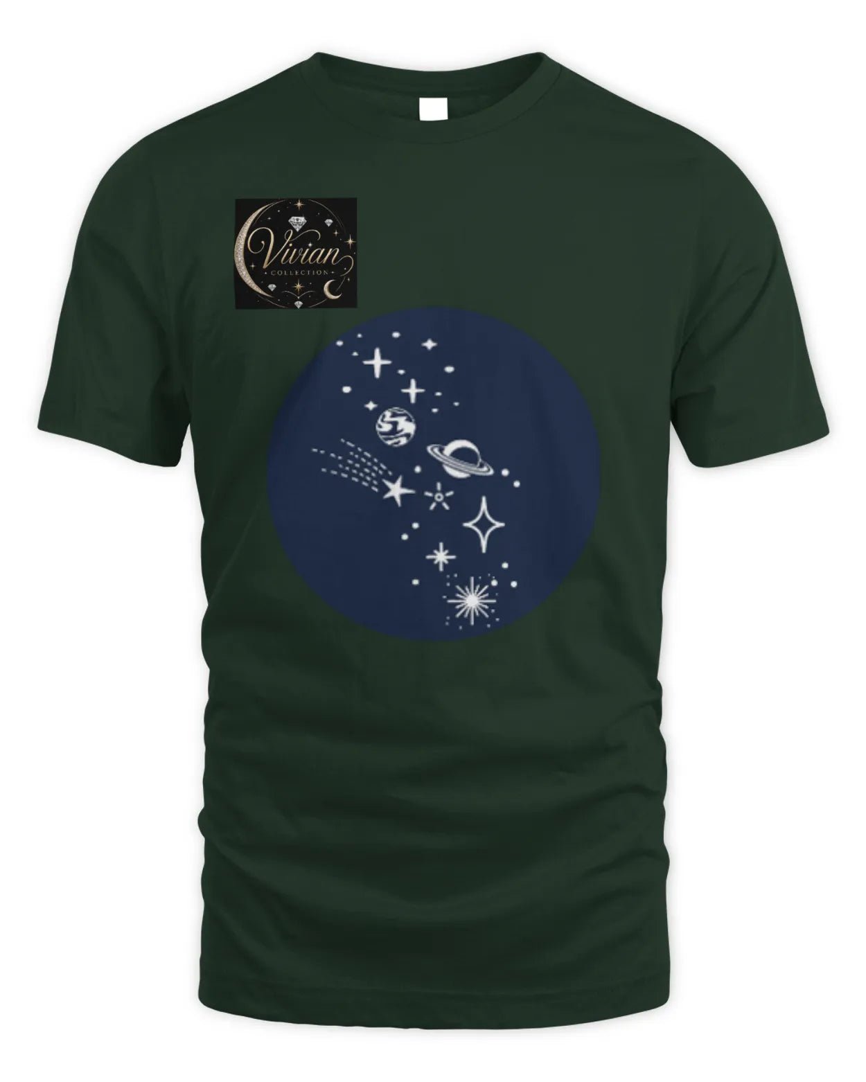 Green t-shirt with a blue celestial design and a small logo on a white background