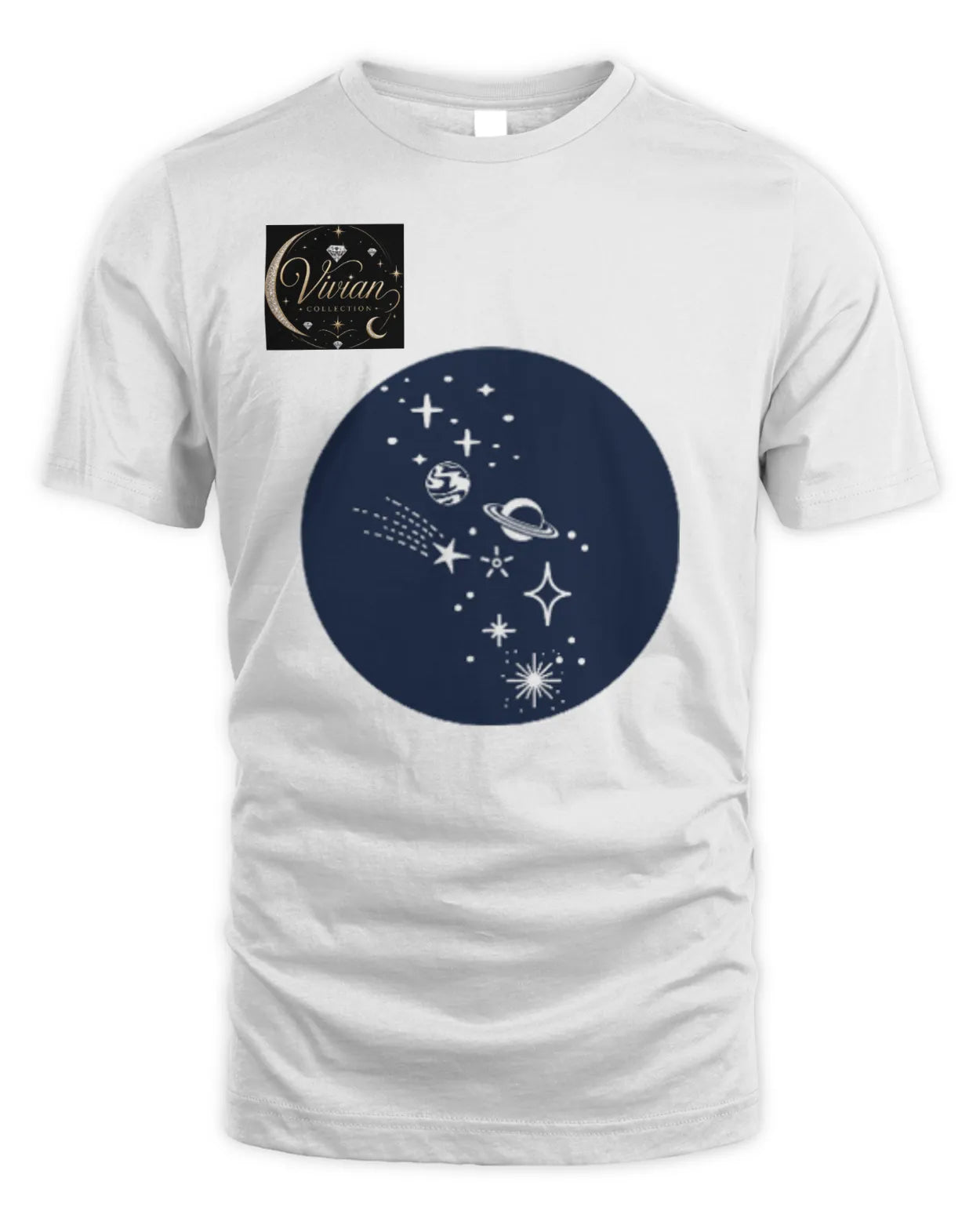 White t-shirt with a navy blue circular design featuring celestial elements on a white background.