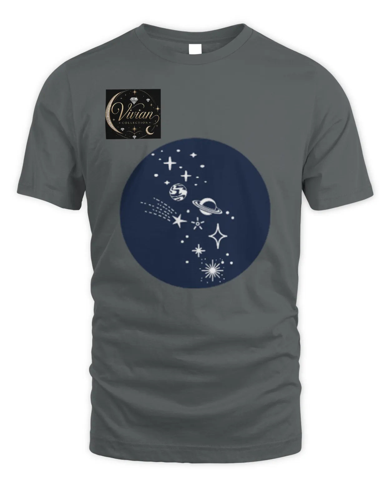 Gray t-shirt with a blue circular design featuring stars and celestial elements on a white background.