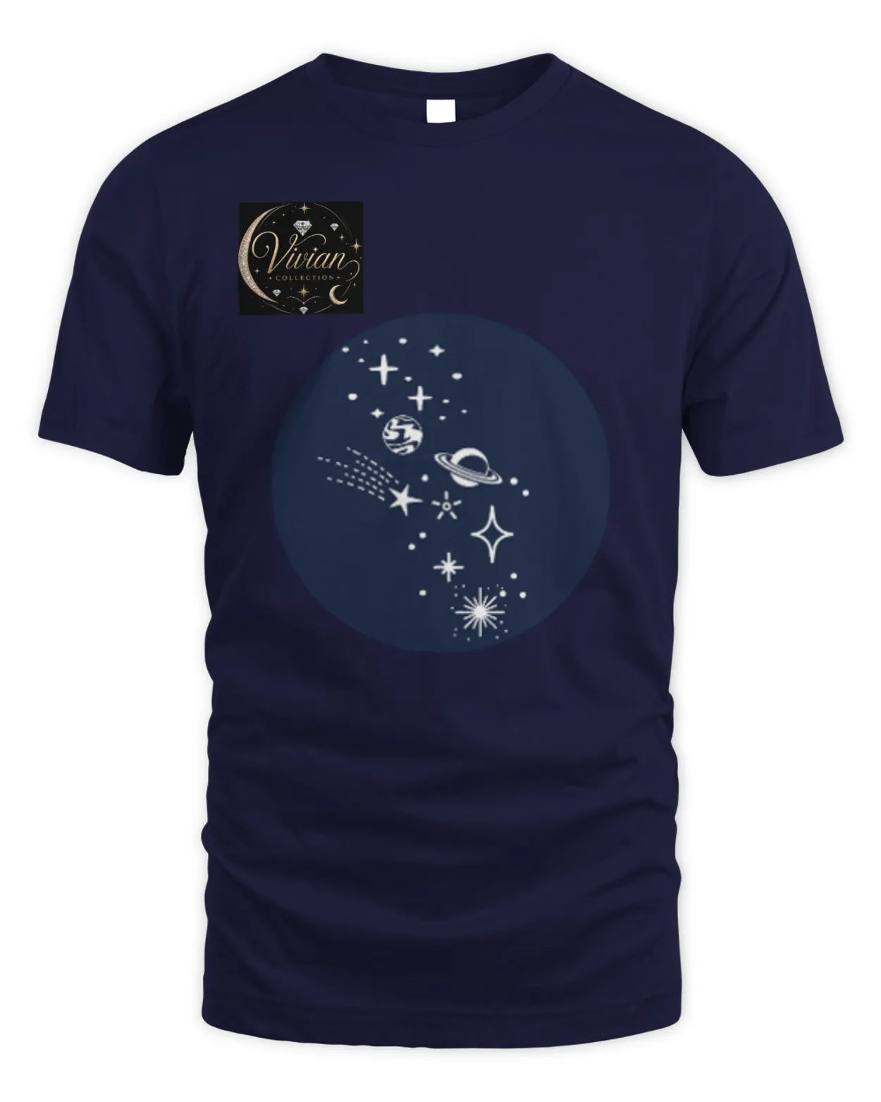 Navy blue t-shirt with celestial design and Vivian logo on a white background