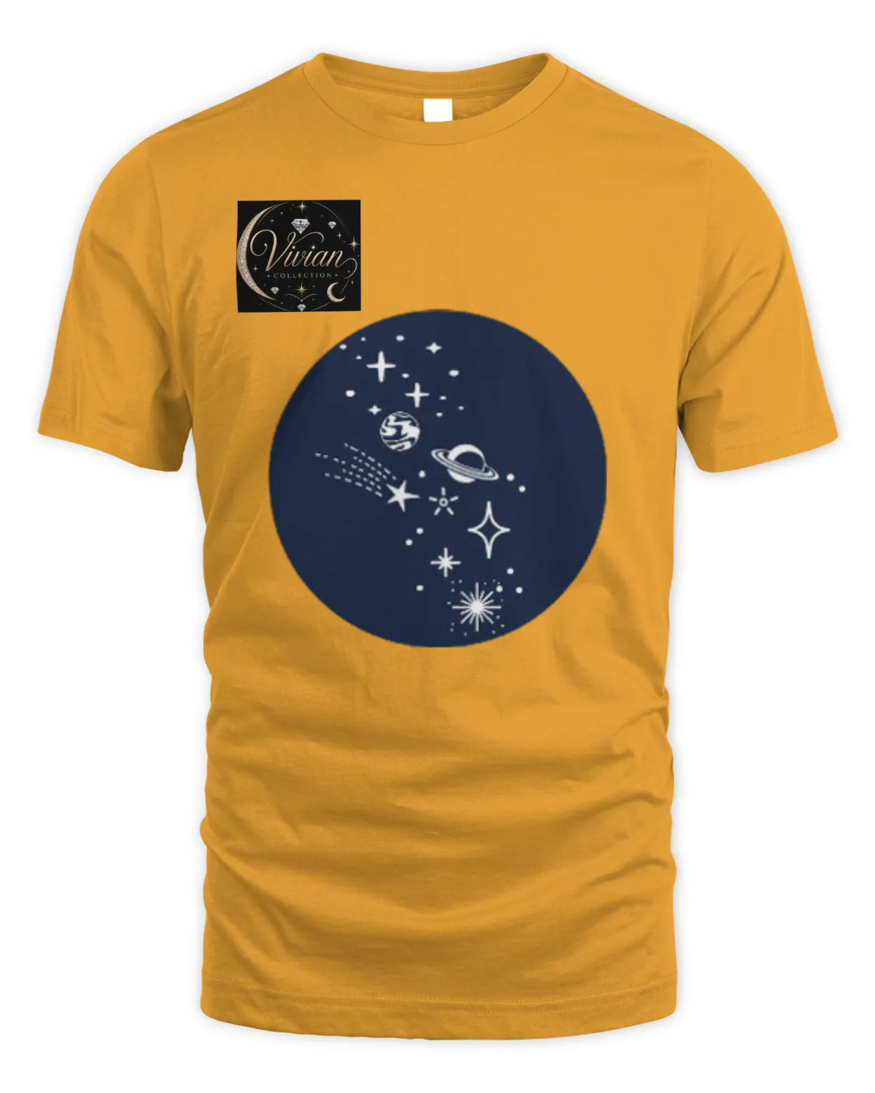Yellow t-shirt with a navy blue celestial design on a white background