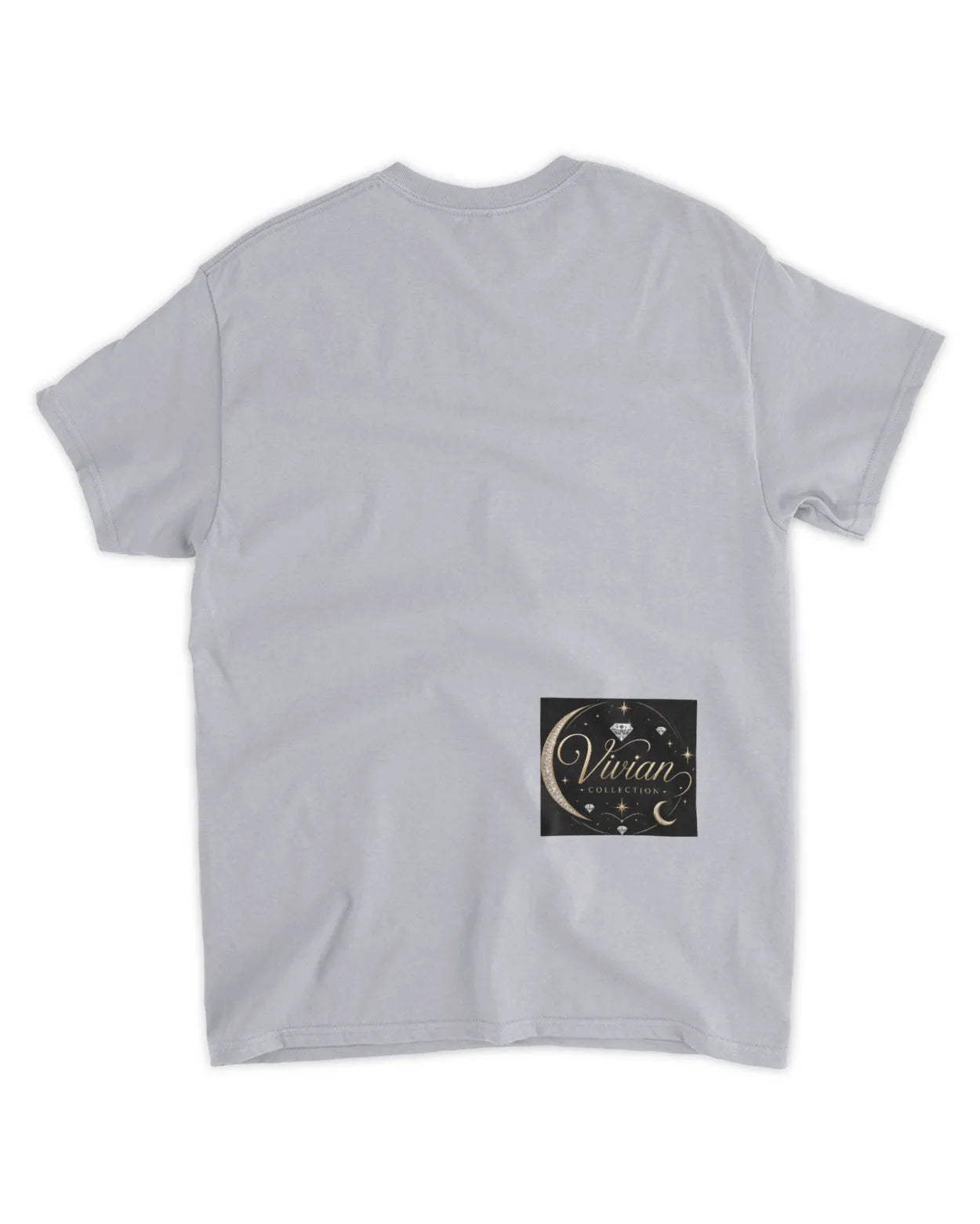 Gray t-shirt with a logo on the back against a white background
