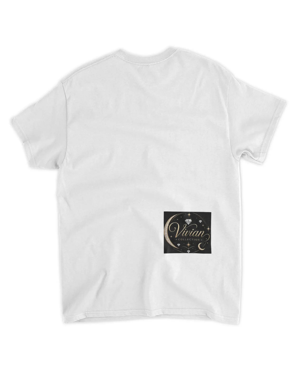 White t-shirt with a black square design featuring text and graphics on the chest area.