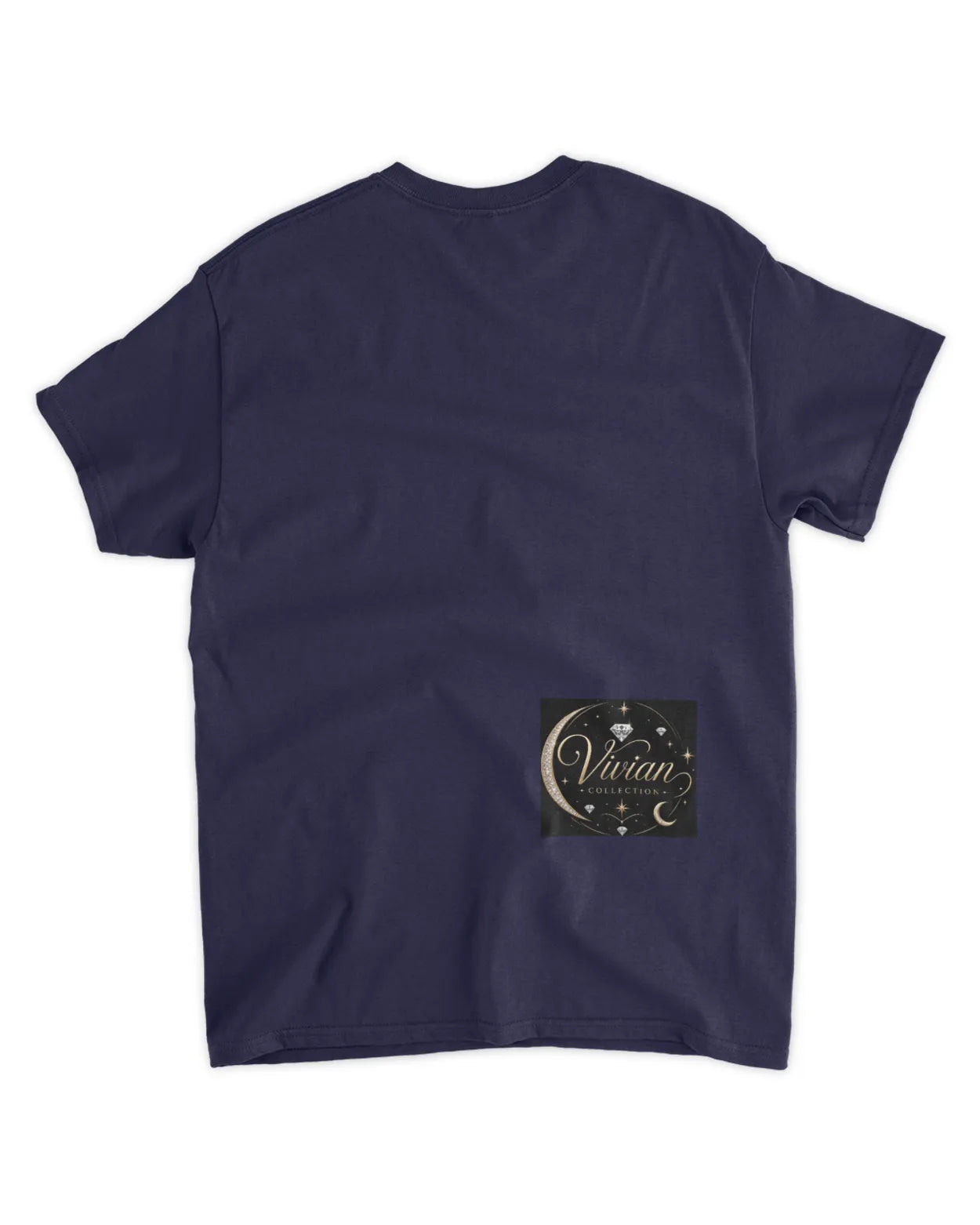 Navy blue t-shirt with a logo on the chest area against a white background
