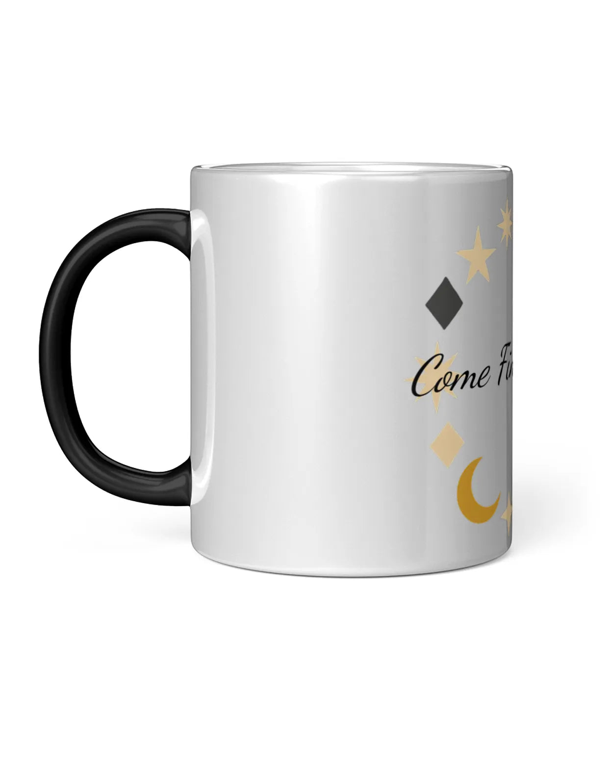 White mug with black handle featuring decorative elements and text on a white background