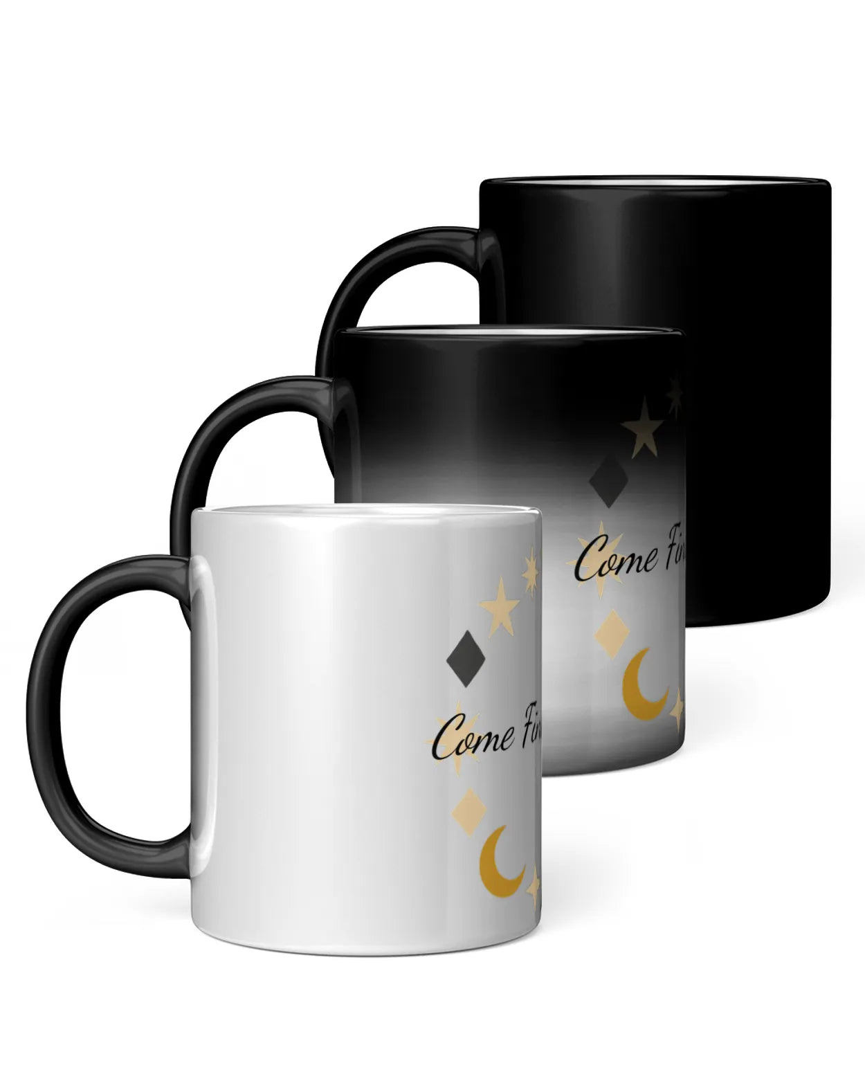 Two mugs, one white and one black, with a visible brand logo on a white background.